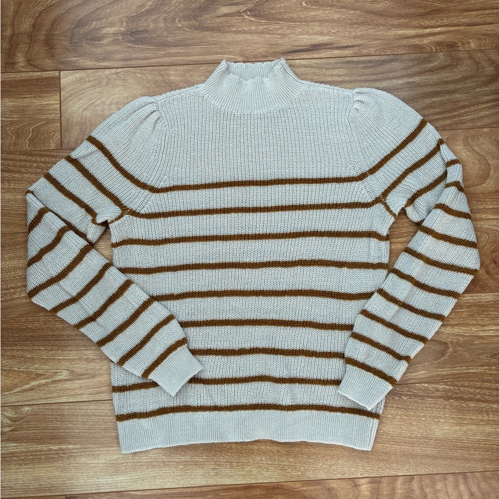 Garnet Hill Striped Turtleneck Sweater in Cream and Brown